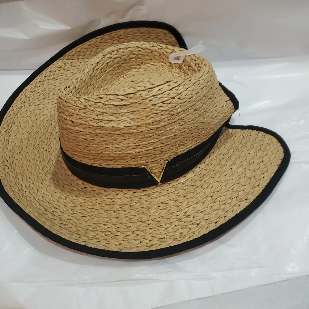 Vince Camuto tan and black ribbon trim straw fedora‎ summer UPF 50+ sun hat new